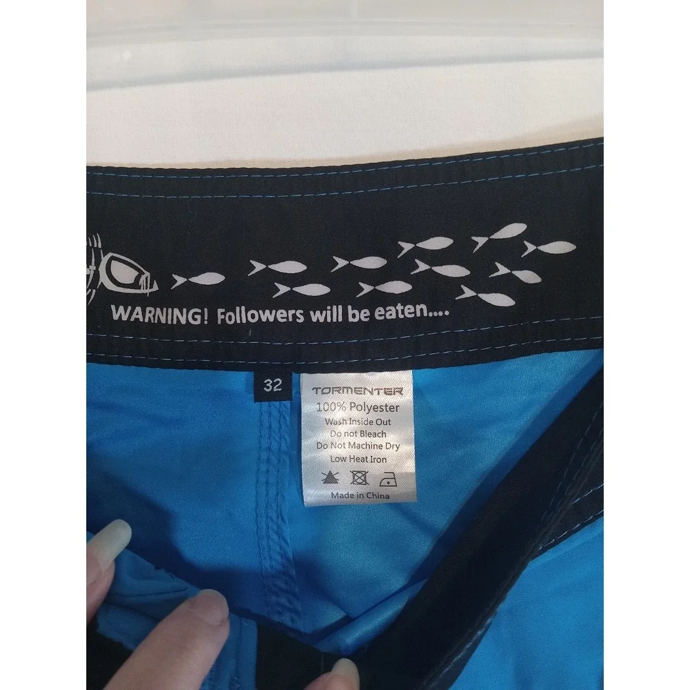 Tormenter Fishbone Board Shorts Men's 32 Blue Cargo Swim Trunks Surfing Vacation